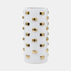 19127-01#Stoneware, 15" Cylinder Vase, White/gold