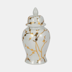 20152#14" Gold Cherry Blossom Temple Jar, White