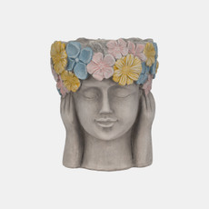 20300-03#11" Face Planter With Flower Crown, Grey/multi