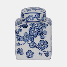 20372-01#8" Cherry Blossom Chinoiserie Jar, Blue/white