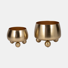 20400-01#S/2 9/11" Round Metal Planters With Ball Feet, Gld