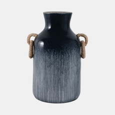 21176-03#18" Vase With Rattan Handles Reactive Finish, Blue