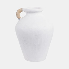 21377-02#17" Textured Terracotta Vase W/rattan Handle, Wht