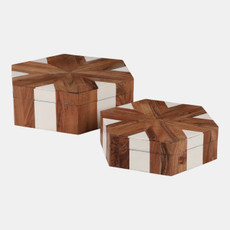 21555#S/2 10/12" Wood Inlay Hexagon Boxes, Natural/white