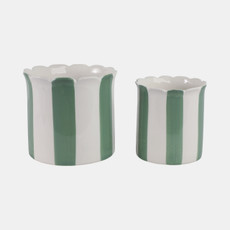 21607-02#S/2 6/8" Striped Scallop Edge Planters, Wht/grn