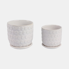 21661-01#Cer, S/2 6/8"  Bubbles Planter W/ Saucer, Beige