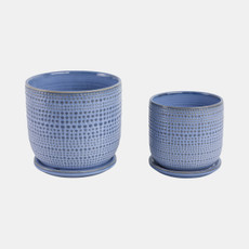 21661-03#Cer, S/2 2 6/8" Textured Planter W/ Saucer,  Blue