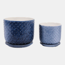 21661-05#Cer, S/2 6/8" Dotted Planter W/ Saucer,  Blue