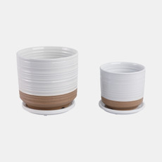 21661-06#S/2 6/8" Ribbed Planter Saucer, White/tan