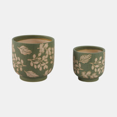21665-02#S/2 6/8" Hand Painted Leaves Planters, Green/tan