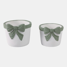 21870#S/2 6/7" Big Bow Planters, White/green