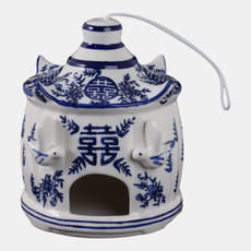 21987#8x7" Chinoiserie Large Pagoda Bird House, Wht/blu