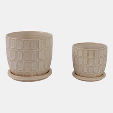 22110-01#S/2 6/8" Squoval Design Saucer Planters, Ivory