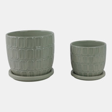 22110-04#S/2 6/8" Squoval Design Saucer Planters, Sage Gree