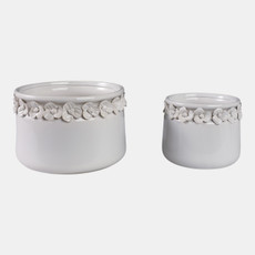 20260-06#S/2 7/10" Floral Applique Planter, White