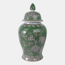 22191-02#18x9" Bird & Flower Temple Jar, Green/brown