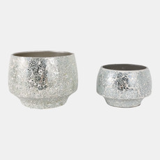 20401-02#S/2 9/11" Curved Crackle Mosaic Planter, Silver