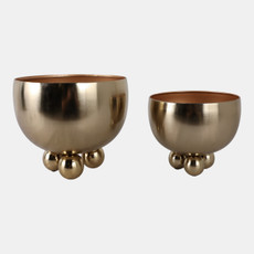 22205-02#S/2 9/11" Metal Bowl Planter With Ball Feet, Gold