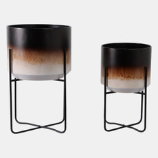 22209-03#S/2 19/23" Ombre Metal Planters On Stands, Brown K