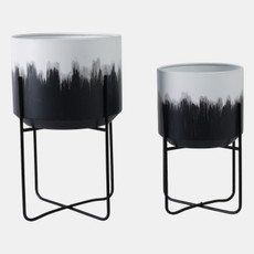 22209-05#S/2 19/23" Metal Planters On Stands, White/blk Kd