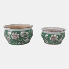22235-02#S/2 10/12" Chinoiserie Vines Planters, Green