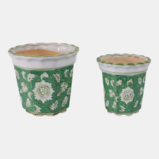 22236-01#S/2 6/8" Flower & Vine Chinoiserie Planters, Green