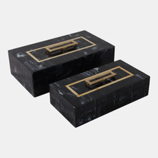 22321#S/2 12/14" Brass Inlay Boxes With Hardware, Black