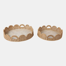 22427#S/2 20/24" Capiz And Woven Scallop Tray, Ivory/tan