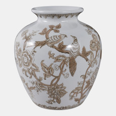 22529#10x8" Chinoiserie Bird & Vines Vase, Brown/ White