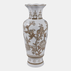 22530#12x5" Chinoiserie Bird & Vines Vase, Brown/white