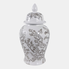 22531-02#18x9" Cherry Blossom Temple Jar, White/ Brown