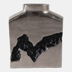 22518-01#10x8" Carved Middle Metal Vase, Silver/ Black
