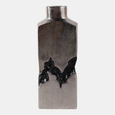 22518-02#16x6" Carved Middle Metal Vase, Silver/ Black