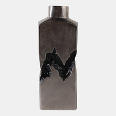 22518-03#20x7" Carved Middle Metal Vase, Silver/ Black