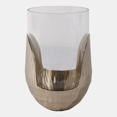 22542-01#8x5" Metal Base Hurricane Pillar Holder, Gold/ Cle