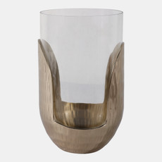 22542-02#10x7" Metal Base Hurricane Pillar Holder, Gold/ Cl