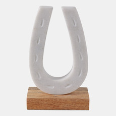 22561#8x5" Marble Horseshoe On Wood Base, White/natural