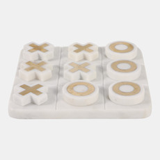 22731#8x8" Marble Tic-tac-toe Brass Inlay, White/gold