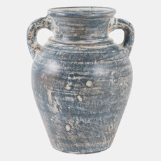 18251-05#Terracotta, 9" Vase With Handles, Blue/white