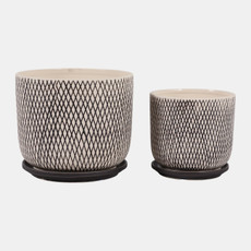 16116-05#S/2 6/8" Mesh Look Saucer Planters, Tan/black