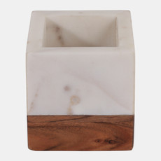 22923#4" Marble And Wood Pencil Cup, White/brown