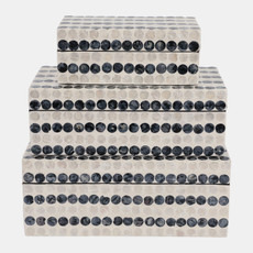 22938#S/3 8/11/12" Capiz Dots Boxes, Ivory/blue