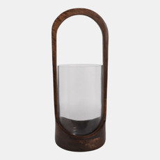 23018-02#18x8" Modern Hurricane Lantern, Walnut/clear