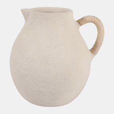 23029-03#12x12" Paper Mache Jug W/ Rattan Handle, Ivory