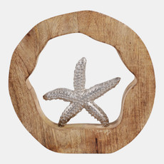 23072-03#10x10" Starfish In Wood Round, Silver/natural