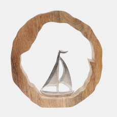 23072-04#11x11" Sailboat In Wood Round, Silver/natural