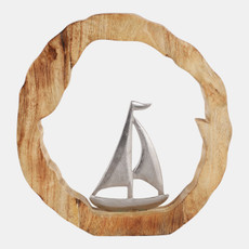 23072-04#11x11" Sailboat In Wood Round, Silver/natural