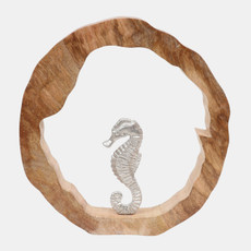23072-05#11x11" Seahorse In Wood Round, Silver/natural