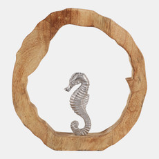 23072-05#11x11" Seahorse In Wood Round, Silver/natural
