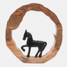 23072-06#11x11" Horse In Wood Round, Black/natural